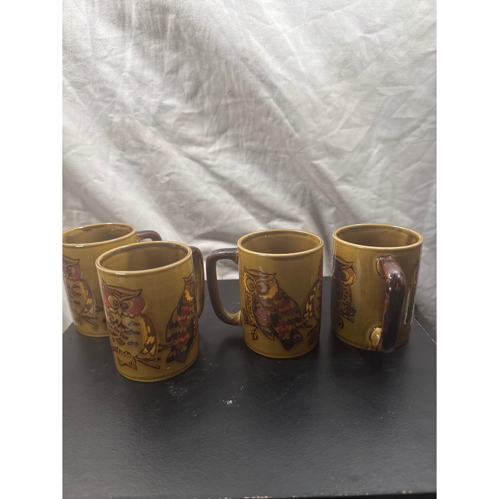 Otagiri Japan Vintage Owl Mugs Set of 4 Hand Painted Ceramic Boho Coffee Cups